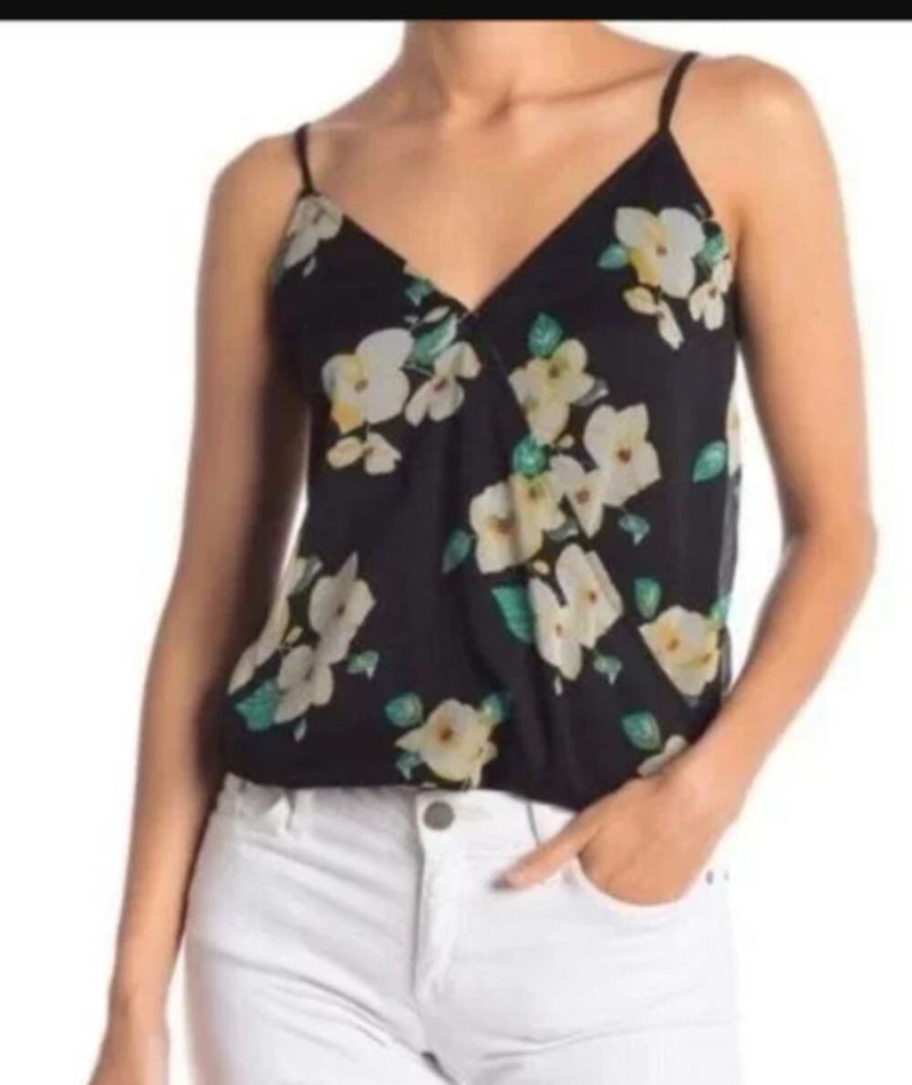Free Press Black Chinoiserie Floral Mock Wrap Cami Top XXS